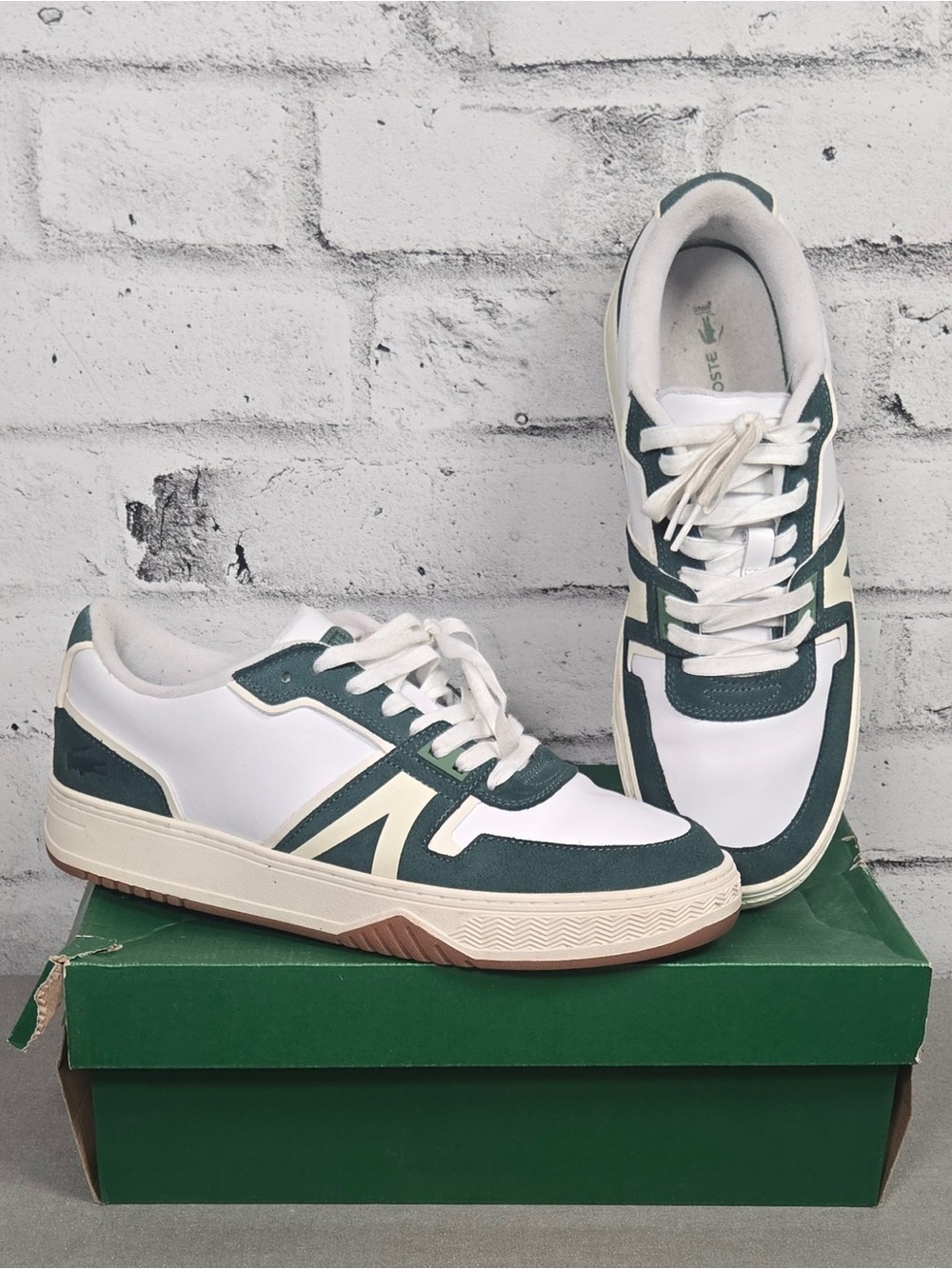 Lacoste L001 White Green Leather Court Sneakers Size 10.5
